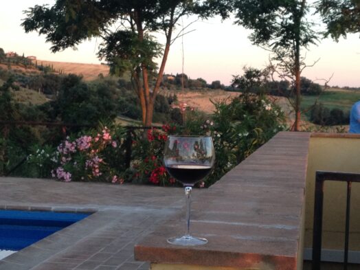 a glass of wine sitting on a ledge on a farm in Tuscany