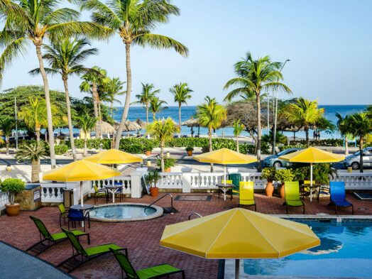 The pool deck on Eagle Beach Aruba