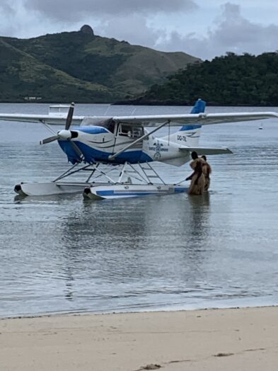 A seaplane arriving at Turtle Island Fiji