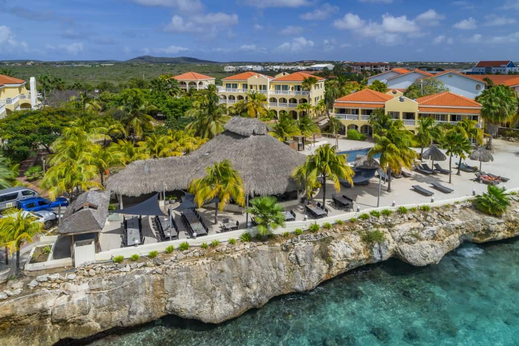 Beachfront resort with thatched-roof cabanas, palm trees, and ocean views in a tropical destination.