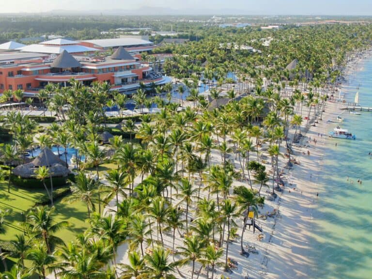 Beachfront resort in Punta Cana with lush palm trees and turquoise ocean views.