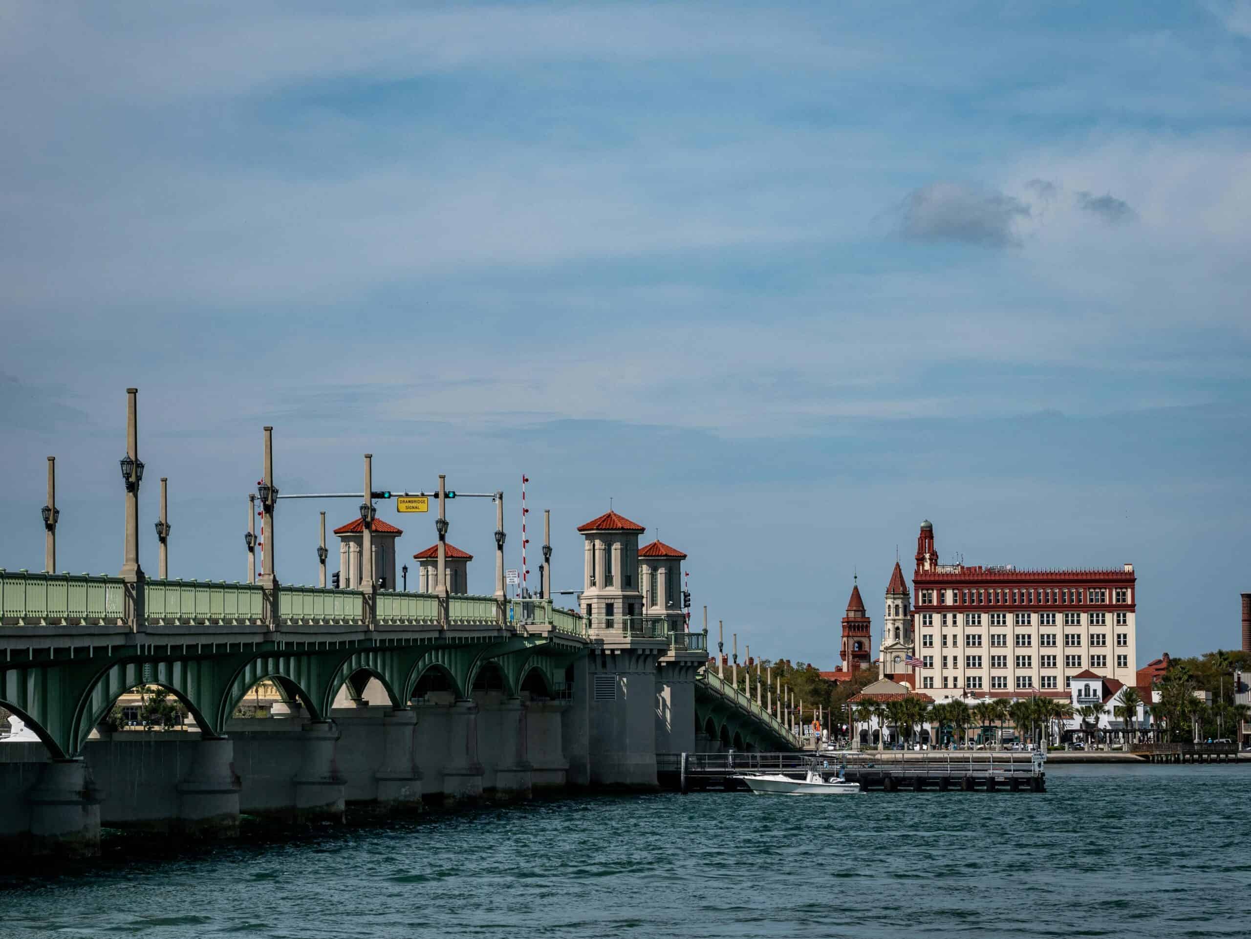 Historic bridge and waterfront in St. Augustine, Florida, showcasing local architecture and scenic v.