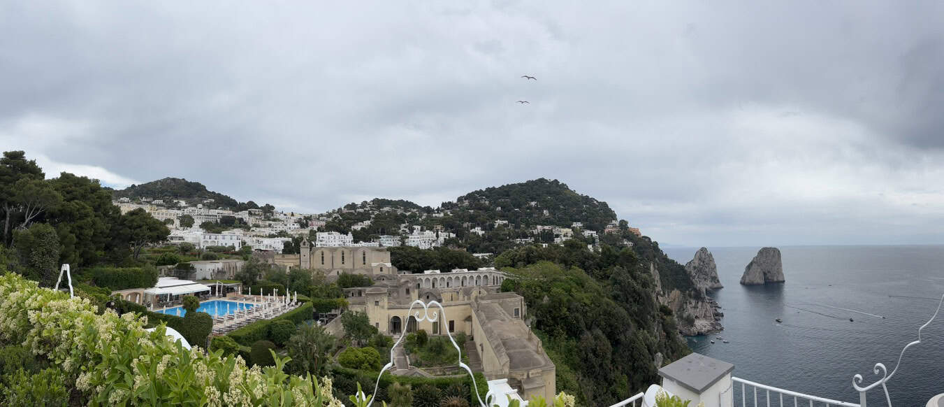 Scenic coastal landscape featuring historic buildings, lush greenery, and rocky cliffs overlooking t.