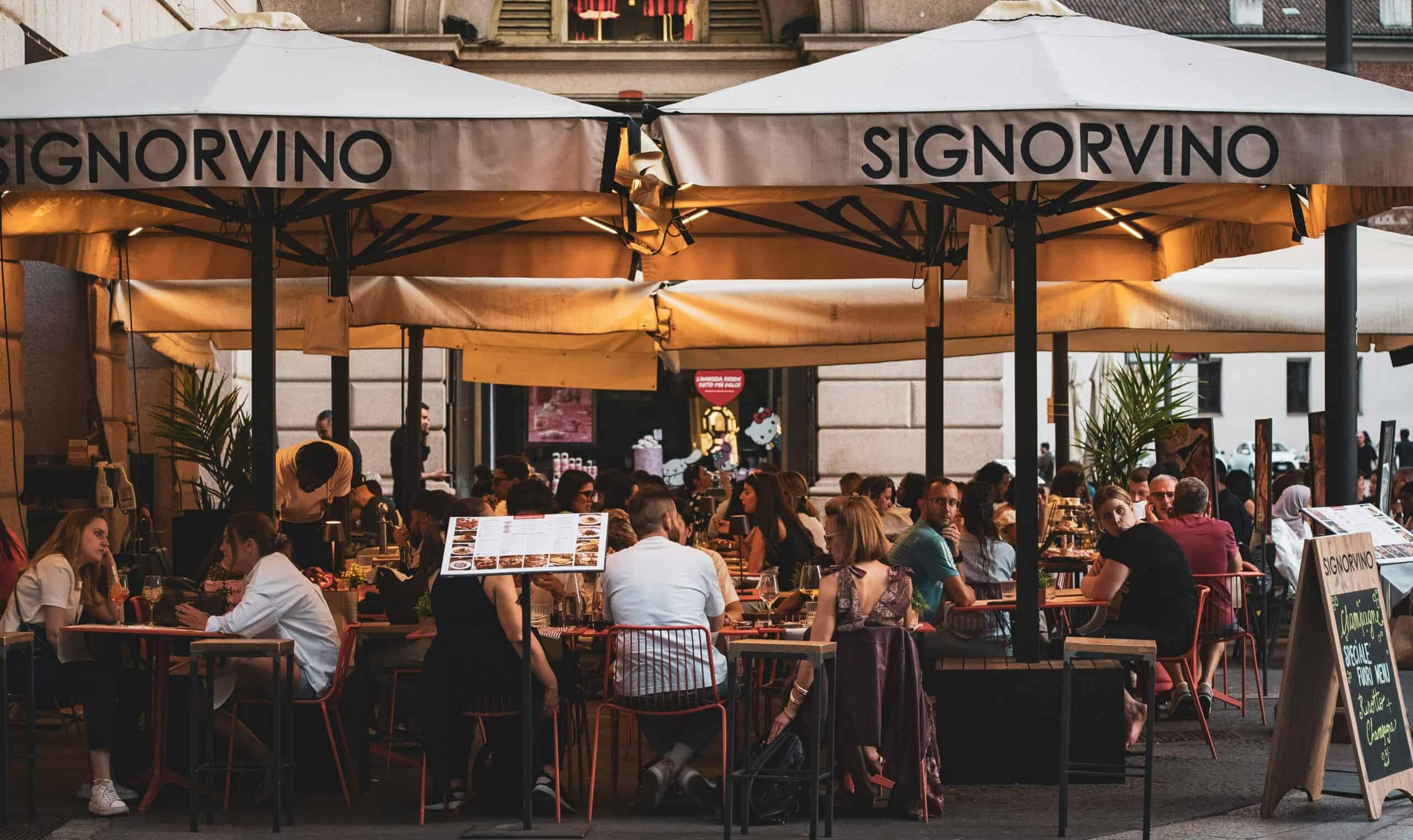 Outdoor dining at Signorvino in Milan, Italy.