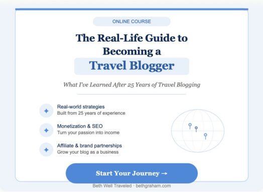 Online course banner for travel blogging tips and strategies.