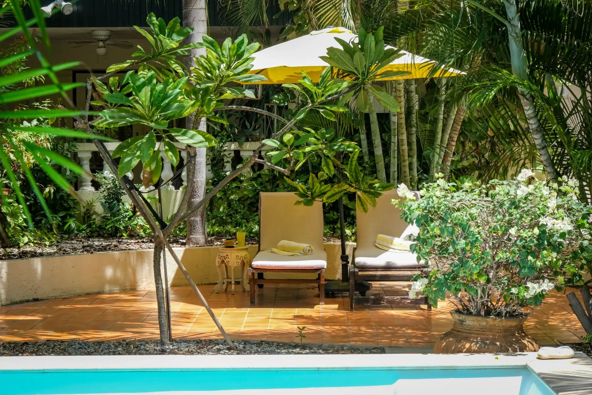 Relaxing tropical poolside lounge with sun umbrella and lush greenery.